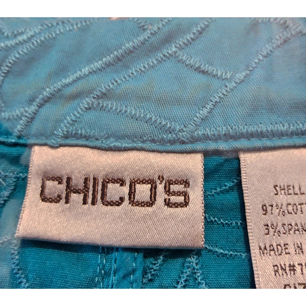 Chico's Button Front Jacket Women Size 3 Teal Blue Embroidered Cotton Stretch - Picture 8 of 8